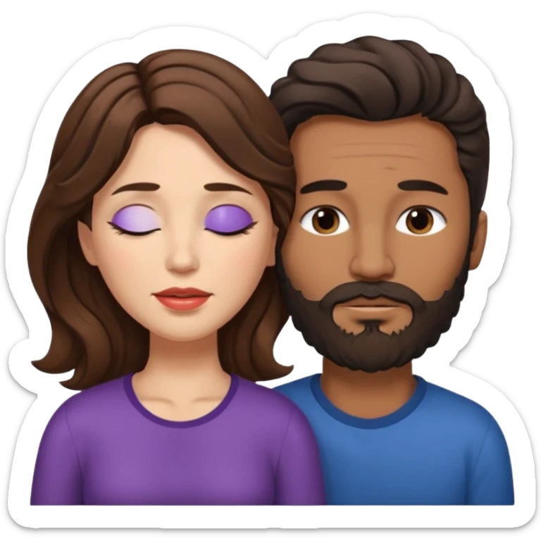 White woman (brown hair with eyes closed) and brown man with black wavy hair (has a a beard with his eyes closed too),The woman has her lips on the forehead of the man. sticker