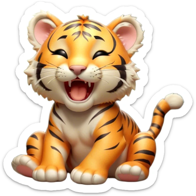 Cinematic Cute Yawning Tiger Cub Portrait Emoji, Head tilted slightly with a dramatic, wide-open yawn, showcasing a small, plush body with drowsy, half-closed eyes and an open, relaxed expression, Simplified yet irresistibly adorable features, highly detailed, glowing with a soft, cozy wild glow, high shine, relaxed yet expressive, stylized with a dash of whimsical jungle charm, soft glowing outline, capturing the essence of a drowsy yet affectionate tiger cub that appears ready to stretch out for a nap! sticker