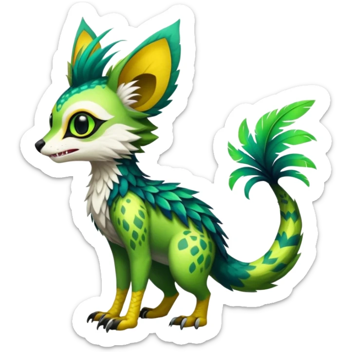 Feral Rare Fantasy vibrant tropical Vernid-Trico-species-creature by LiLaiRa, random markings, tufted tail, tufted ears, full body sticker