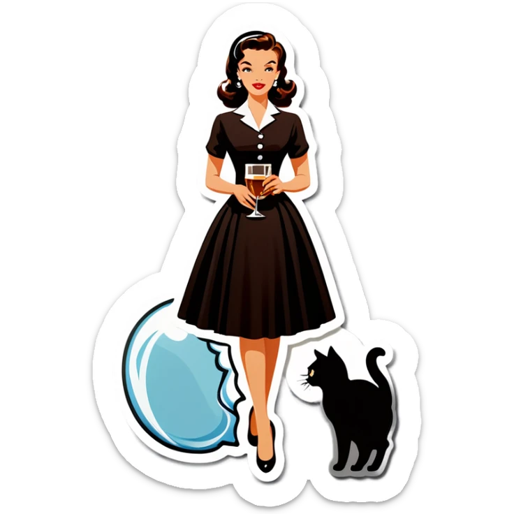 Beautiful woman in 1950’s woman fashion look, black dress, long dark brown hair, whisky with ice, black cat sticker