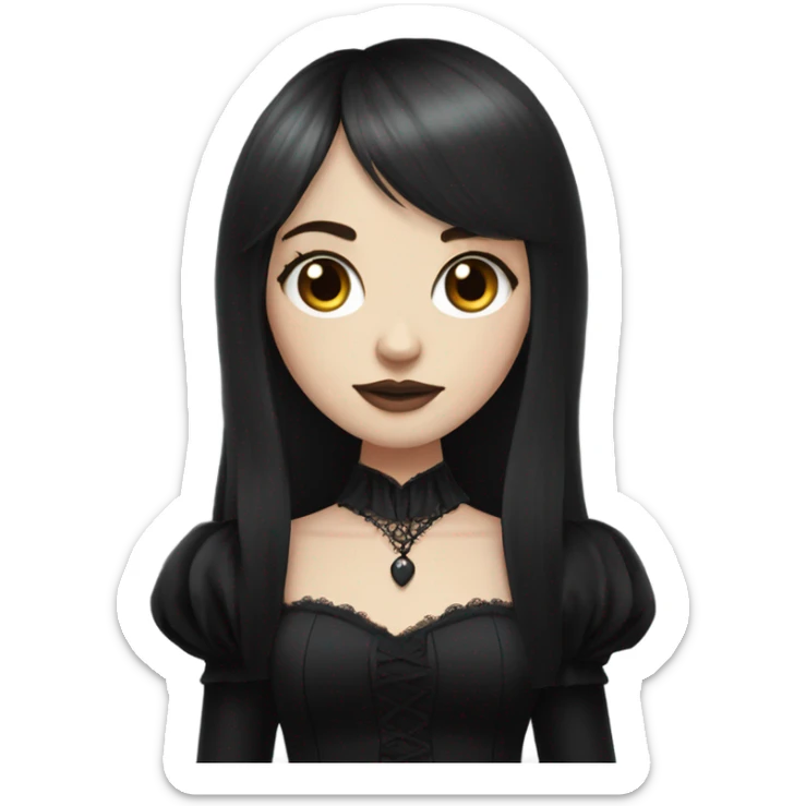 one white girl, gothic girl wearing long big bell arms, black dress, long hair with bangs, long dress sticker