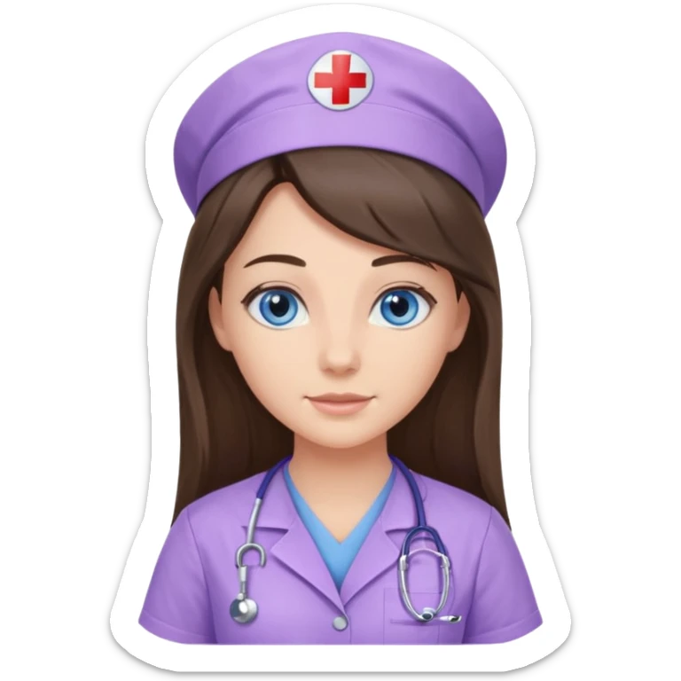 pretty brunette nurse with long hair and blue eyes in lilac scrubs sticker