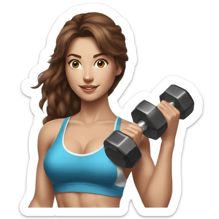 Hyperrealistic pencil drawing of a sporty sexy girl with brown hair, holding dumbbells sticker