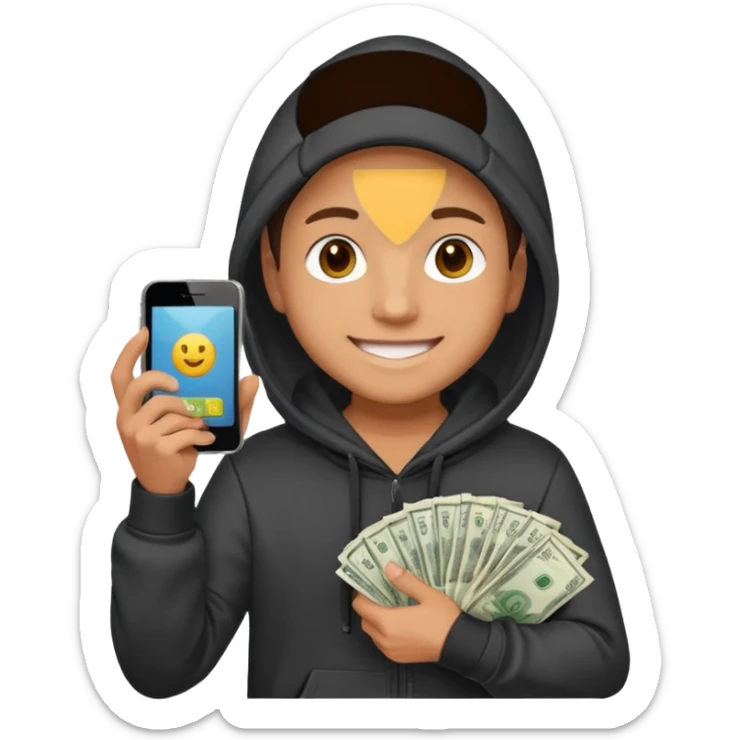 miling young entrepreneur in a hoodie, holding a stack of cash in one hand and a phone in the other, clean emoji style, soft lighting, simple background sticker