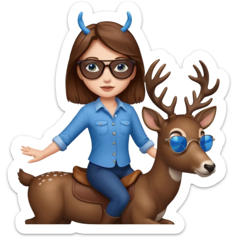 Brown hair blue eyed girl riding a deer with sunglasses sticker