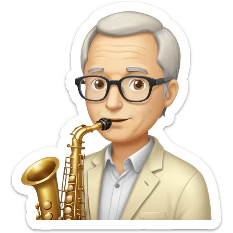 Middle aged man with grey receeding hair and glasses face covered in mayonnaise sauce with a saxophone sticker