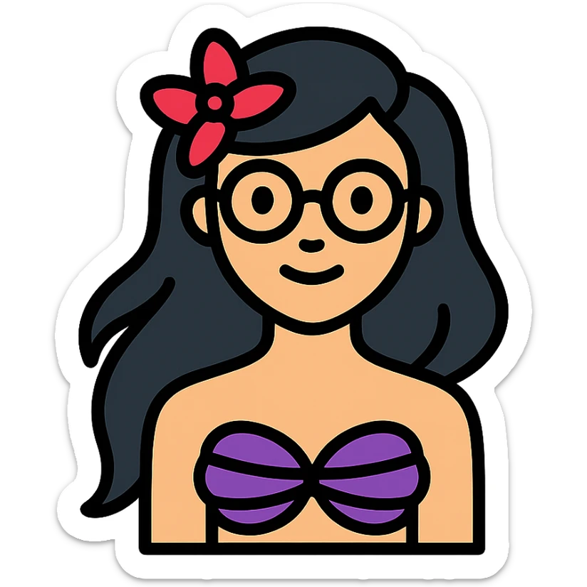 Upper body of Ariel, the Little Mermaid, with black hair and thin round Miu Miu glasses sticker