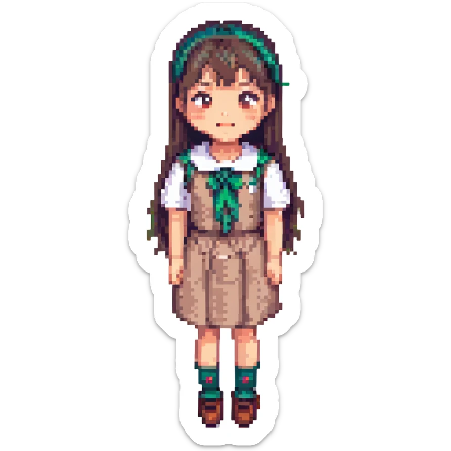 Asian girl with thin bangs, long hair, round eyes without double eyelids, wearing college student style dress, humorous expression, pixel art style sticker