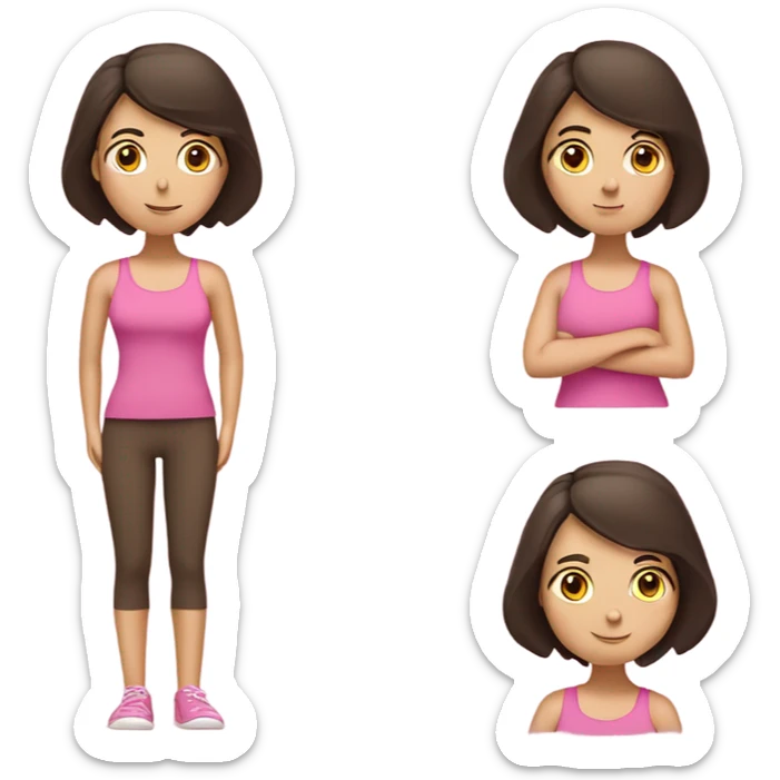 white girl with dark brown hair in the zen, cross-legged position, like the zen emoji. Wearing a pink tank top sticker