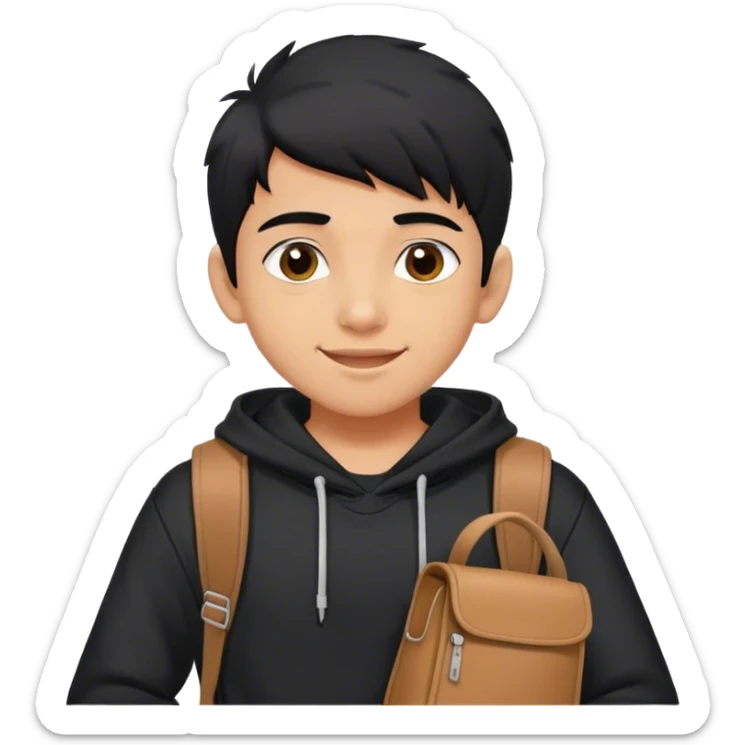 Cheerful white Indian student teenager boy with black hair . He's wearing a black hoodie and bag on back sticker