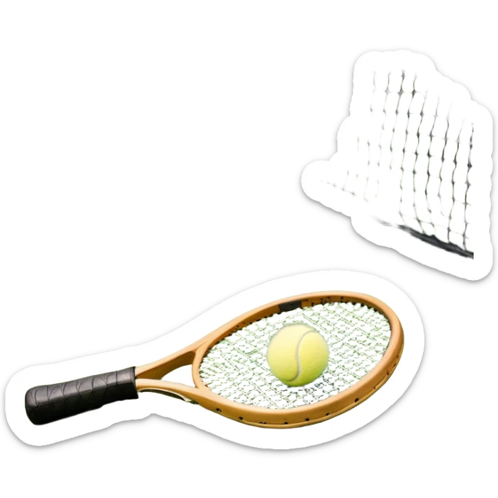 A tennis racket resting on the green grass of a tennis court, with a tennis ball placed nearby and the net stretching across the court. The background captures the fresh, open atmosphere of a traditional grass court, emphasizing the elegance and precision of the sport. sticker