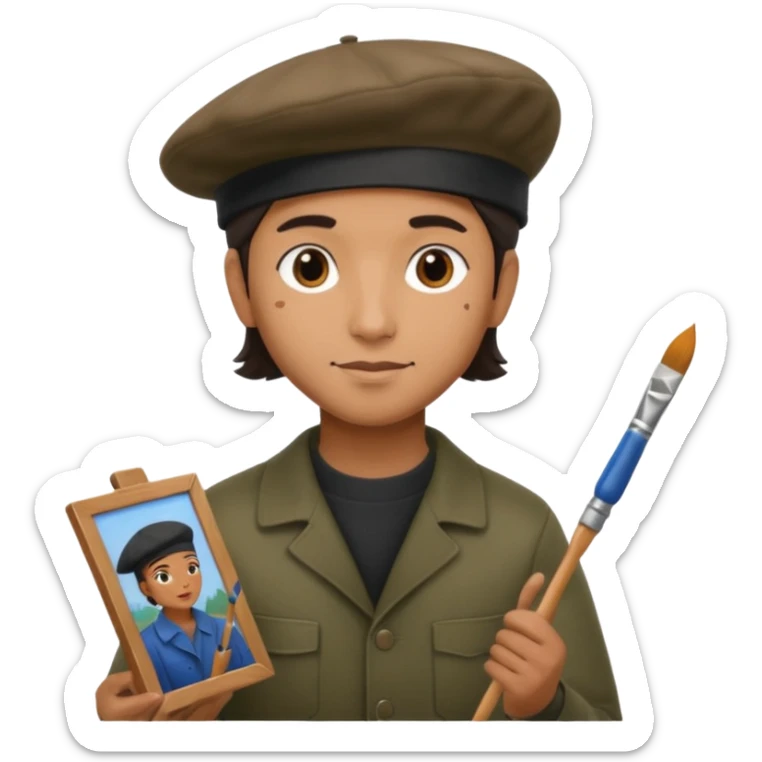 the artist stands with his back to the painting, painting a portrait sticker