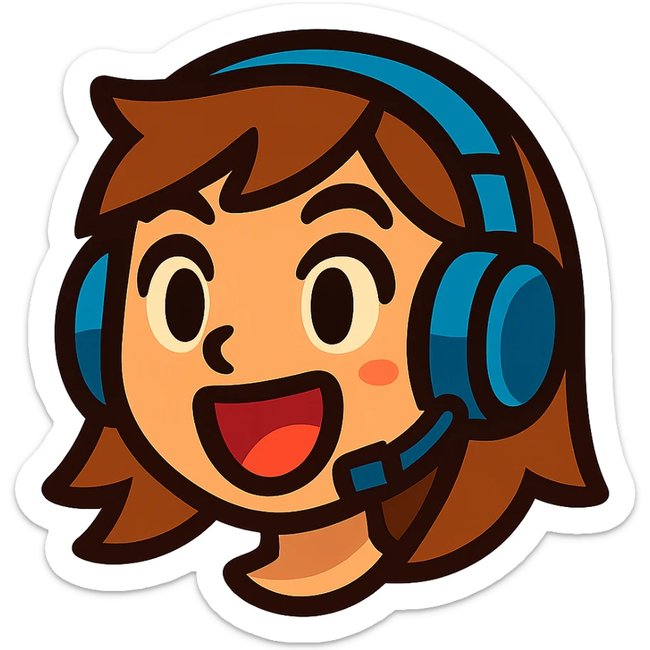 brown-haired gamer girl, excited expression, headphones, head only, emote sticker