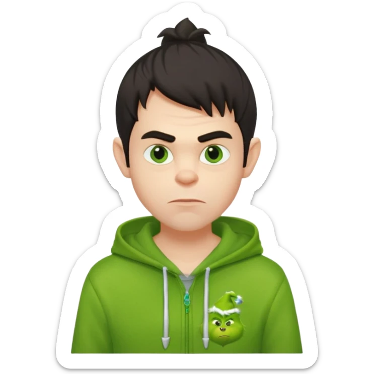 Create an avatar of white European with dark hair  male in hoodie with ``BST`` letters on it. Make background to look like from movie Grinch sticker