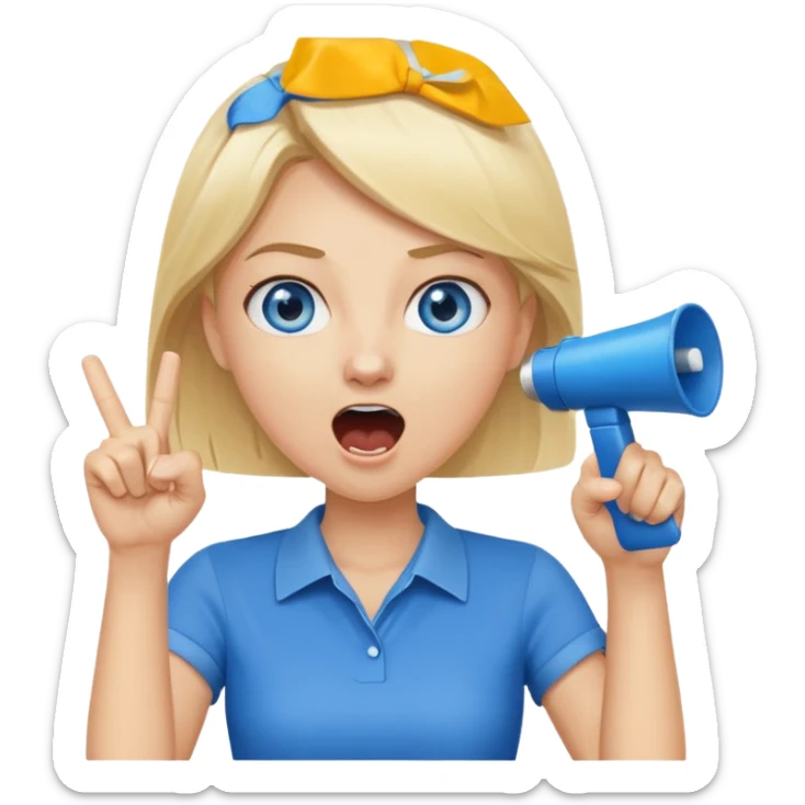 blue eyes blonde girl yelling into megaphone and holding up 1 finger in the other hand siling sticker