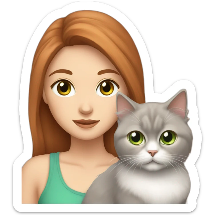 white girl with chestnut wawy hair and grey eyes, who hold a persian cat with green eyes sticker