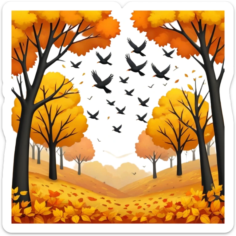 a flock of birds flying above trees with orange and yellow leaves, autumn scene sticker
