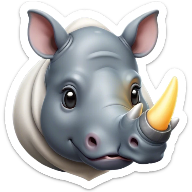 Cinematic Cute Rhinoceros Portrait Emoji, Head tilted playfully and inquisitively, featuring a rugged, glossy slate-gray hide with a gentle, rounded white horn and round, sparkling eyes filled with curious wonder, Simplified yet irresistibly adorable features, highly detailed, glowing with a warm, friendly glow, high shine, affectionate and mighty, stylized with a touch of ancient charm, bright and endearing, soft glowing outline, capturing the essence of a mischievous yet loving rhinoceros, so playful it feels like it could stomp out of the screen and into your arms! sticker