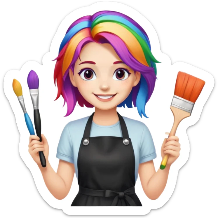 artist-girl with rainbow hair and brushes in black apron smiling sticker