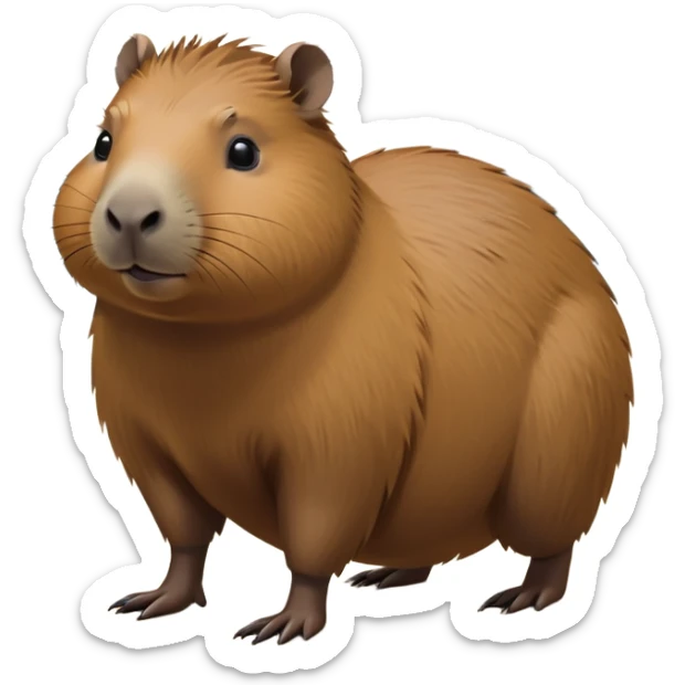 cinematic-capybara-realistic-full-body-on-all-fours-emoji,-plump-and-relaxed-body-soaking-in-the-warm-sun,-short-brown-fur-slightly-ruffled,-head-tilted-dramatically,-calm-expressive-eyes-exuding-serene-wisdom,-simplified-yet-realistic staring at the camera ina. comical way sticker