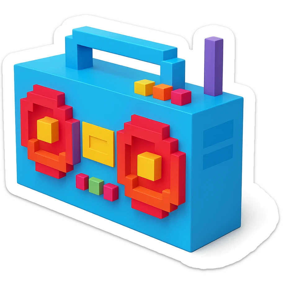 A boombox in voxel style, side view, blue color sticker