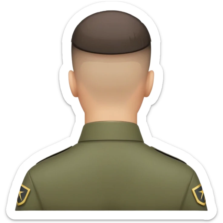 back of a soldier's head with military haircut, showing short hair and neck sticker