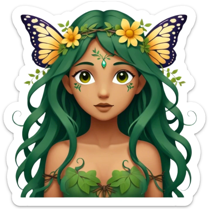 Cinematic Realistic Forest Nymph Fairy Portrait, depicted with lifelike, sun-kissed tanned skin that radiates an earthy glow, softly illuminated by natural, dappled light. Her long, flowing dark green hair is intricately detailed and interwoven with delicate vines and wildflowers, while her deep, soulful eyes mirror the wisdom of the forest. Dressed in an attire inspired by nature’s palette—with subtle botanical motifs—the portrait exudes a soft, enchanted glow that melds realism with woodland magic showing her large butterfly wings. sticker