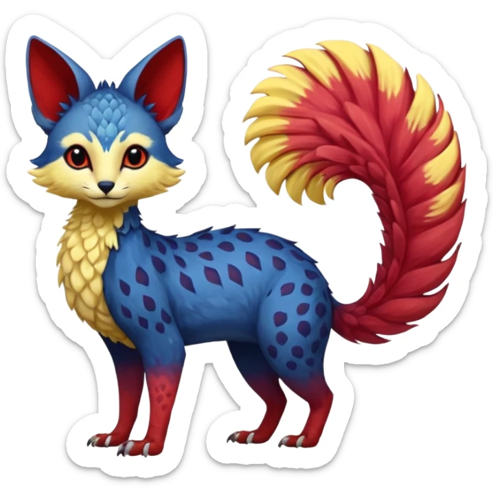 Feral Rare Fantasy vibrant tropical red and indigo and lemon-colored Vernid-Trico-species-creature by LiLaiRa, random markings, tufted tail, tufted ears, full body sticker