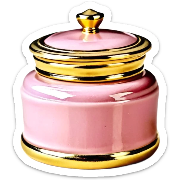 Una miniatura fotorrealista de un tarro de mantequilla corporal elegante, con una tapa dorada brillante. Una sola moneda de oro, pequeña y sutil, reposa al lado del tarro. Iluminación suave de estudio. Colores: rosa, terracota y dorado. Estilo: lujo en miniatura. sticker