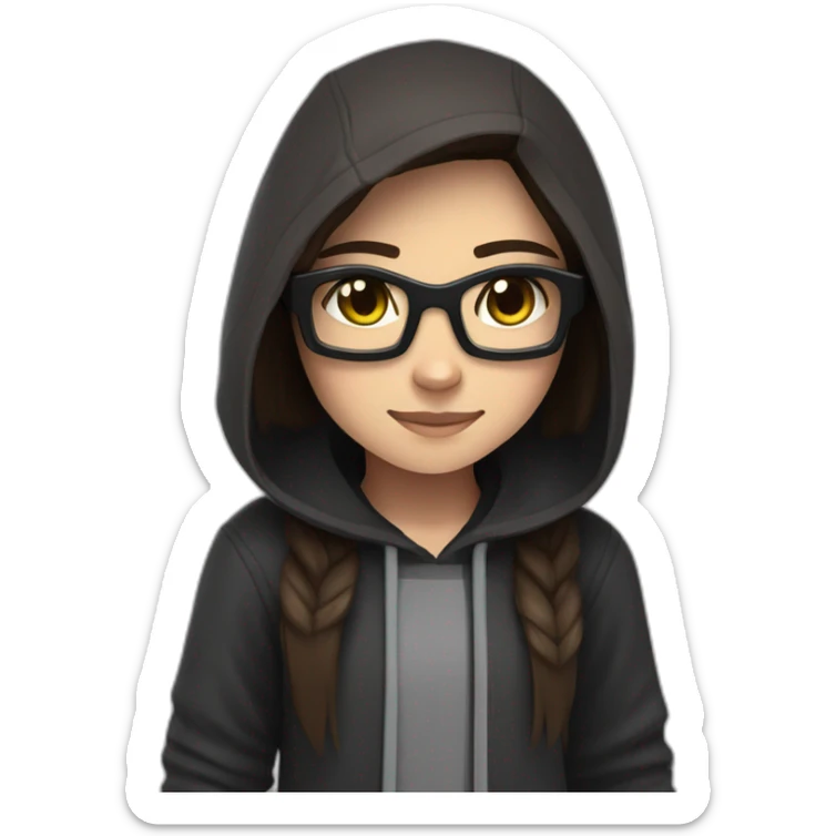 A minecraft addicted 11 year oldgirl with brown shoulder length hair and glasses wearing an enderman hoodie sticker