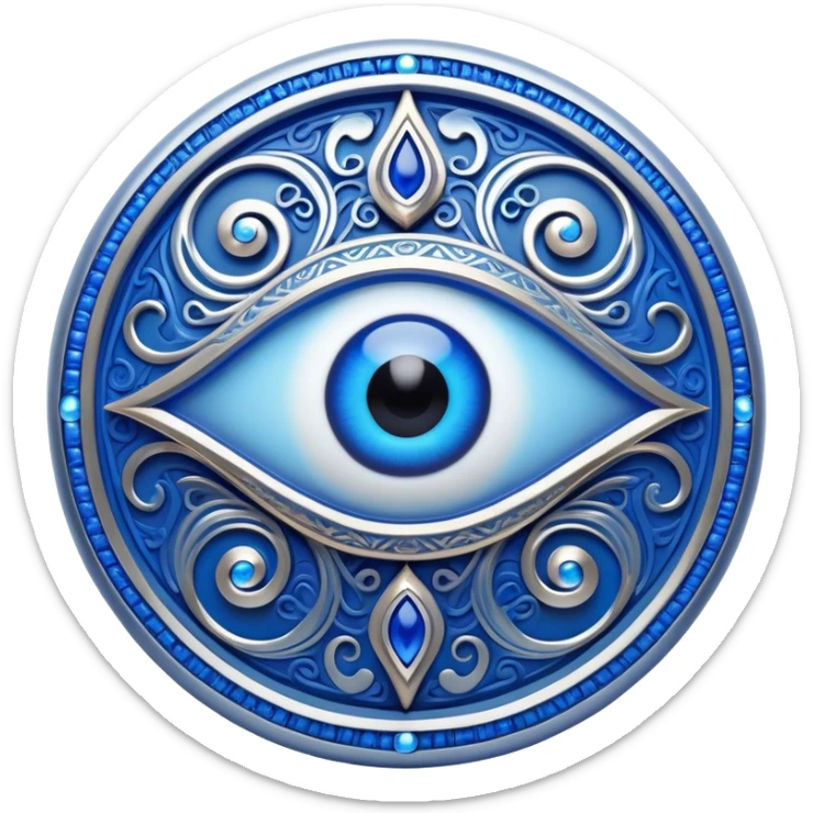 Cinematic Realistic depiction of a classic Evil Eye talisman, rendered with intricate details and vibrant blue hues, set against a soft, ethereal backdrop that underscores its protective symbolism sticker