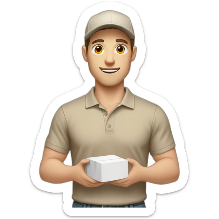 Pale skinned fit Man with dark brown hair in a beige cap, gray jeans and brown polo T-shirt keeping a pasted with tape white box into his hands sticker