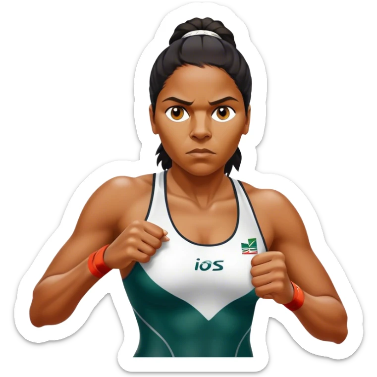 Cinematic Realistic portrait of Cathy Freeman, shown as an iconic Australian athlete with a focused, determined expression and modern athletic attire accented with subtle native motifs, rendered in dynamic, vibrant lighting sticker