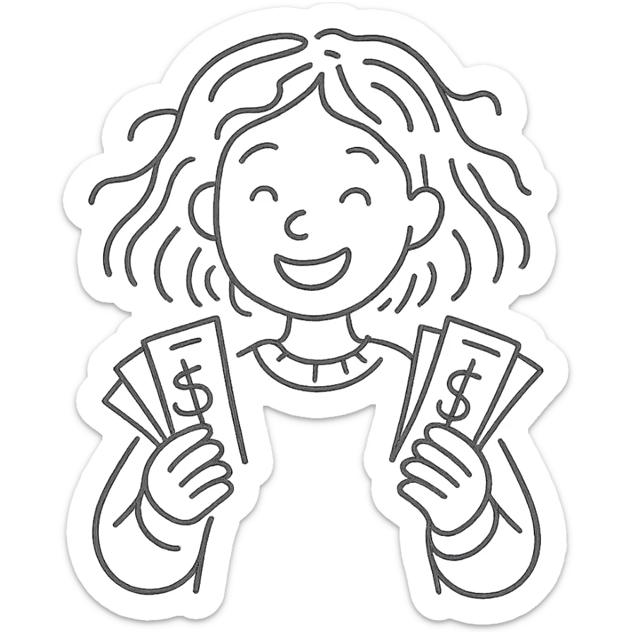girl with rummy hair in beige sweater happy with money in hands sticker