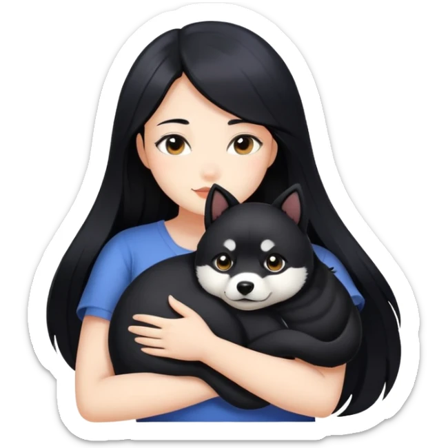 A beautiful girl with long black hair hugs a Black Shiba Inu sticker