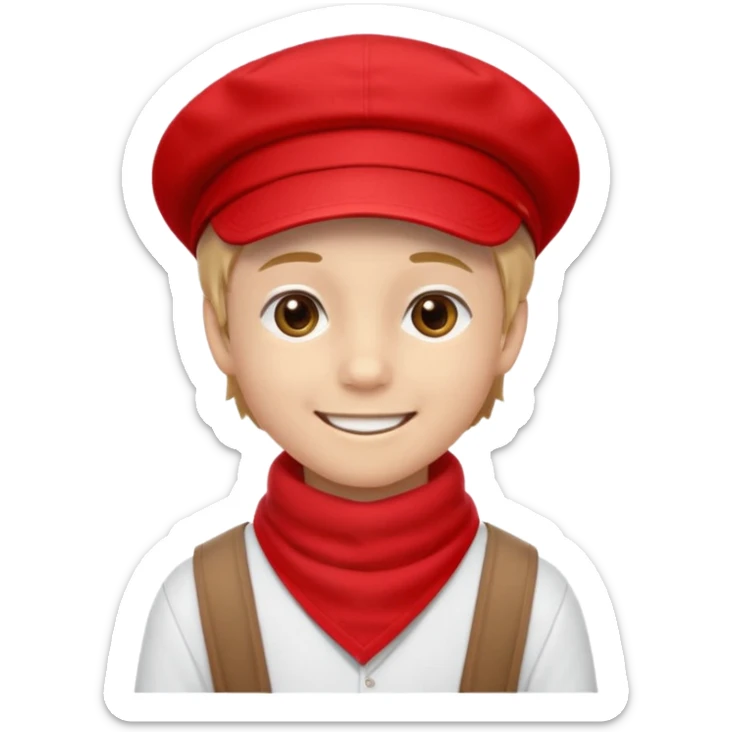 A Soviet pioneer emoji — smiling young boy wearing a bright red tie (pioneer neckerchief) and a red pilotka cap. White shirt, neat and cheerful, minimal flat emoji style, simple colors, clear outlines, professional emoji design. sticker