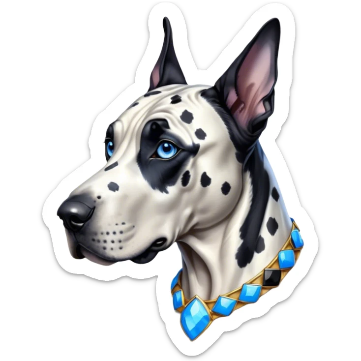 Cinematic Noble Harlequin Great Dane Portrait Emoji, Poised and regal, with a towering, muscular build and a striking coat of predominantly white with bold black patches, deep-set soulful blue eyes, Simplified yet sharp and sophisticated features, highly detailed, glowing with a soft, dignified glow, high shine, intelligent and loyal, stylized with an air of majesty, focused and attentive, soft glowing outline, capturing the essence of a watchful and confident guardian, so majestic it feels as though it could stride out of the screen with effortless authority! sticker
