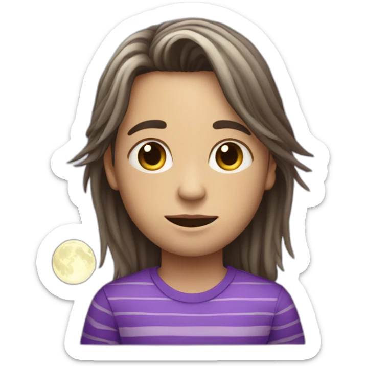 long hair boy who wears a long-sleeved purple striped shirt with a moon print sticker