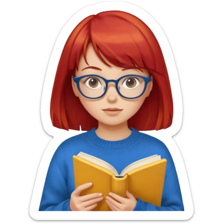 a girl with red hair and bangs with glasses wearing blue sweater reading a yellow cover book sticker