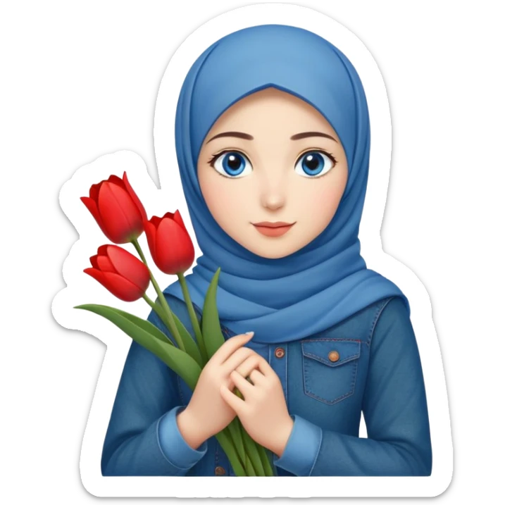 Turkish beautiful finish Konya girl blue eyes with denim hijab islamic dress and had on her hand red tulips  sticker