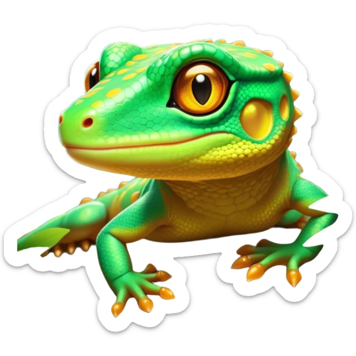 Cinematic Noble Gecko Portrait Emoji, Poised and sleek, with a compact, agile body adorned with textured, mottled scales and luminous, alert eyes accentuated by delicate toe pads and subtle patterning, Simplified yet sharp and sophisticated features, highly detailed, glowing with a soft, ambient jungle glow, high shine, intelligent and vigilant, stylized with an air of exotic elegance, focused and precise, soft glowing outline, capturing the essence of a watchful reptilian guardian that seems ready to scamper out of the screen with effortless agility! sticker