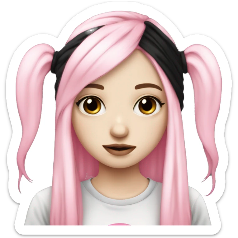 Cute pale skin emo girl with long pink and black hair with black and pink band tee sticker