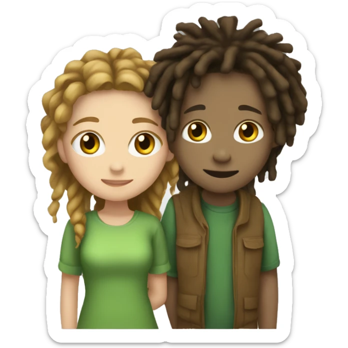 Light skin Green guy boy with dreads and short white girl with brown hair and long brown eyes hugging sticker