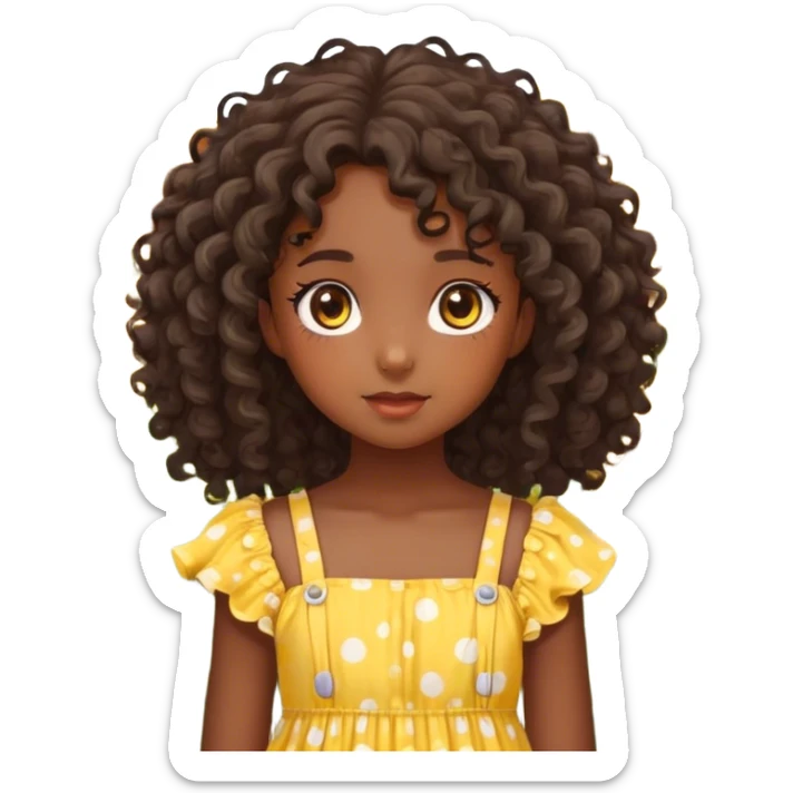 Create an image of a young dark Kawaii girl with detailed features. She has curly hair cascading down her shoulders and striking, large hazel eyes. She is wearing a yellow sundress with white polka dots standing in a field full of sunflowers sticker
