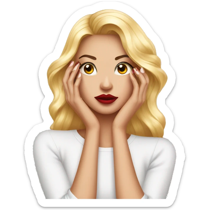 sassy emoji, long manicured fingernails folded over a long sleeve shirt, fake eyelashes, full lips sticker