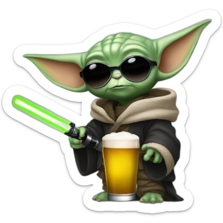 baby yoda with black rave outfit holding a beer and lightsaber and sunglasses sticker