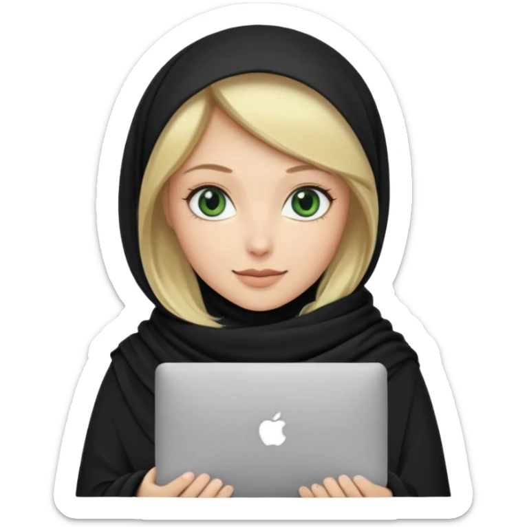 blond women skine , with green eyes , with black scarf hijab ,without hair, with macbook sticker