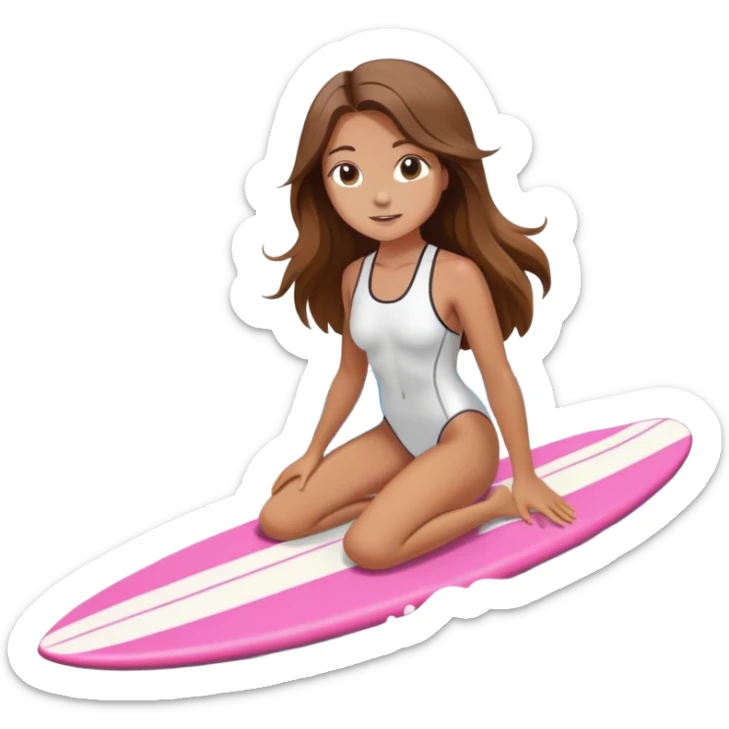 Girl with long brown hair surfing at pink short board in the white swimsuit  sticker