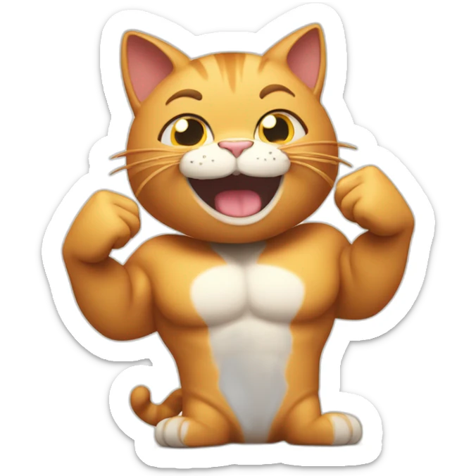 cat with thumbs up muscles and big smile showing the whole body and big muscles sticker