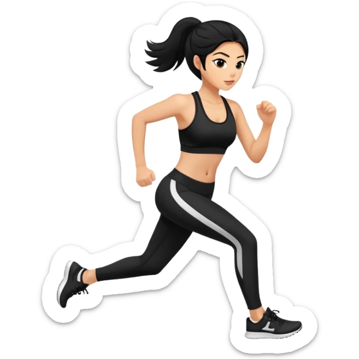 Running slim girl, tan skin, black hair, black sport bra, black leggings, white sneakers sticker